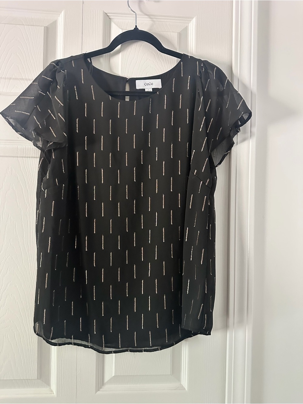 CeCe Black Blouse with Gold Metallic Stripe Detail